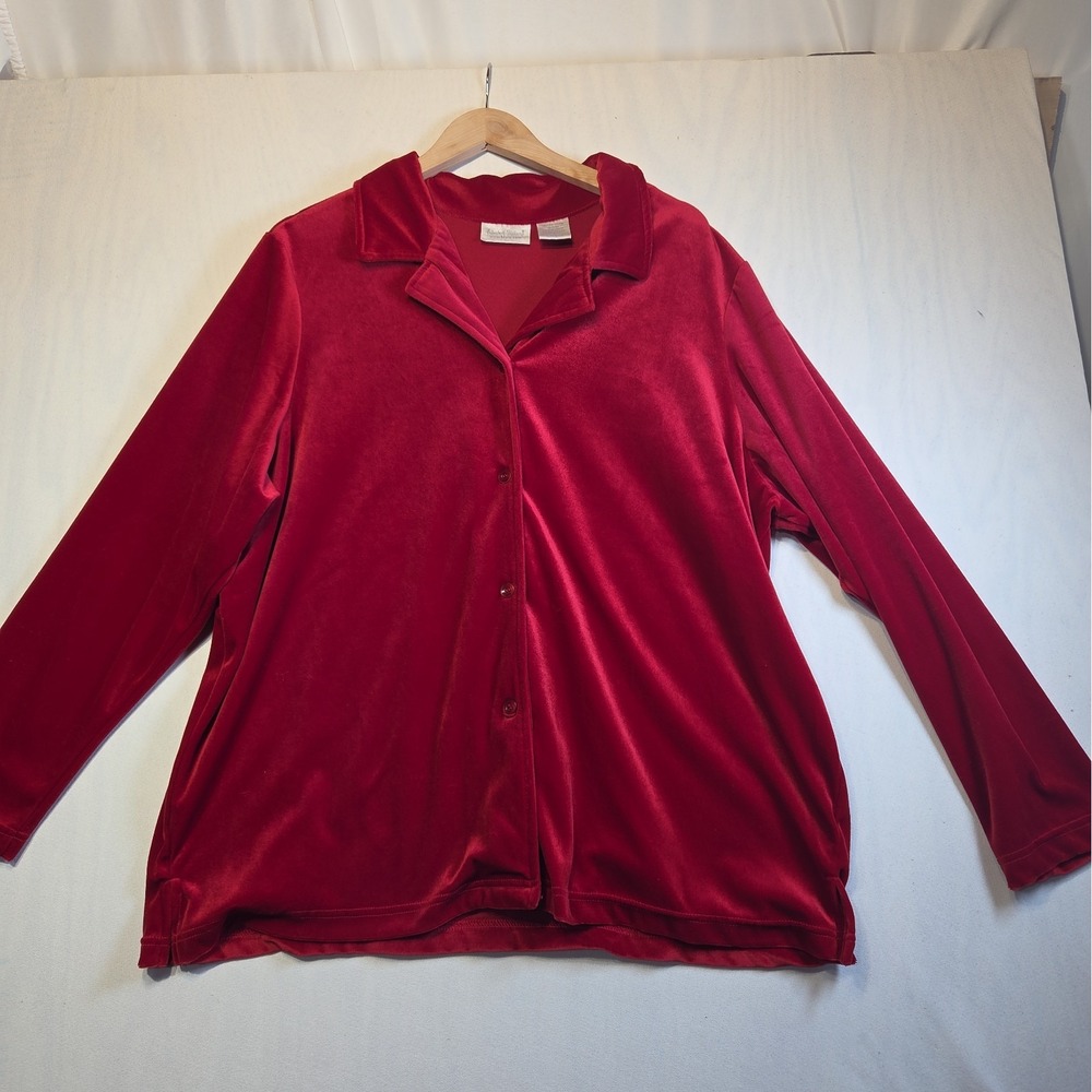 Elizabeth Williams Women's 2XL Red Velour Button Front Collared Shirt Top